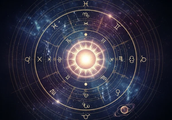 Artistic rendering of a solar return astrology chart wheel.