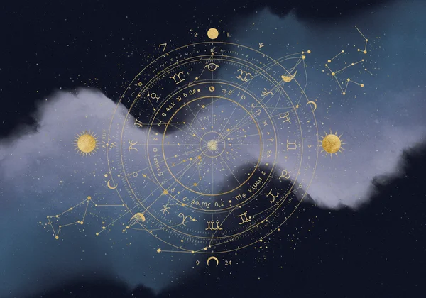 एक शैलीबद्ध सौर वापसी कुंडली जिसमें वार्षिक विषय और मार्गदर्शन हैं