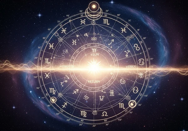 ग्रहों और भावों के साथ ज्योतिषीय सौर प्रत्यावर्तन चार्ट।