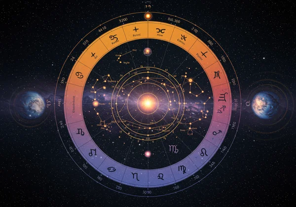 An intricate solar return chart with cosmic symbols and houses