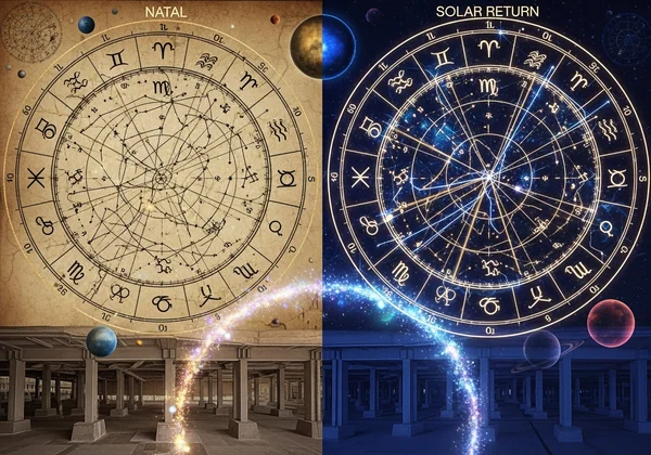 Concept showing fixed natal chart vs. evolving solar return