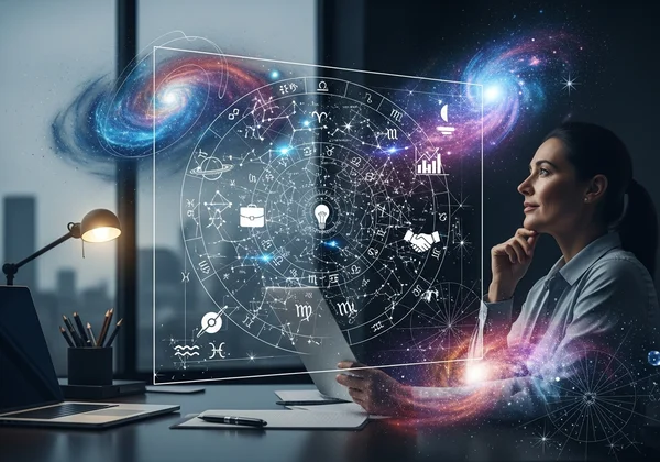 Person pondering career with astrological chart