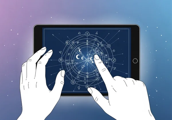 Astrology chart on a digital tablet with hands holding a stylus