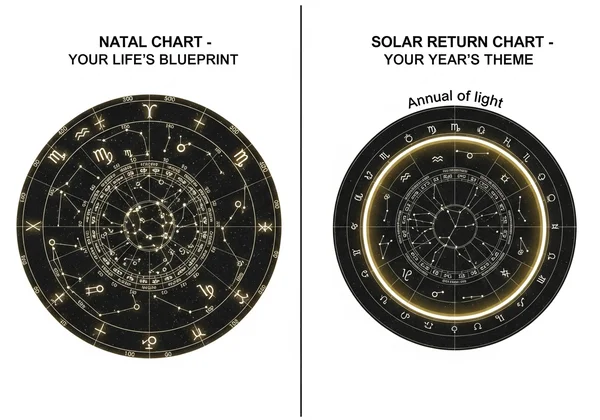 Comparison graphic of a natal chart and a solar return chart.